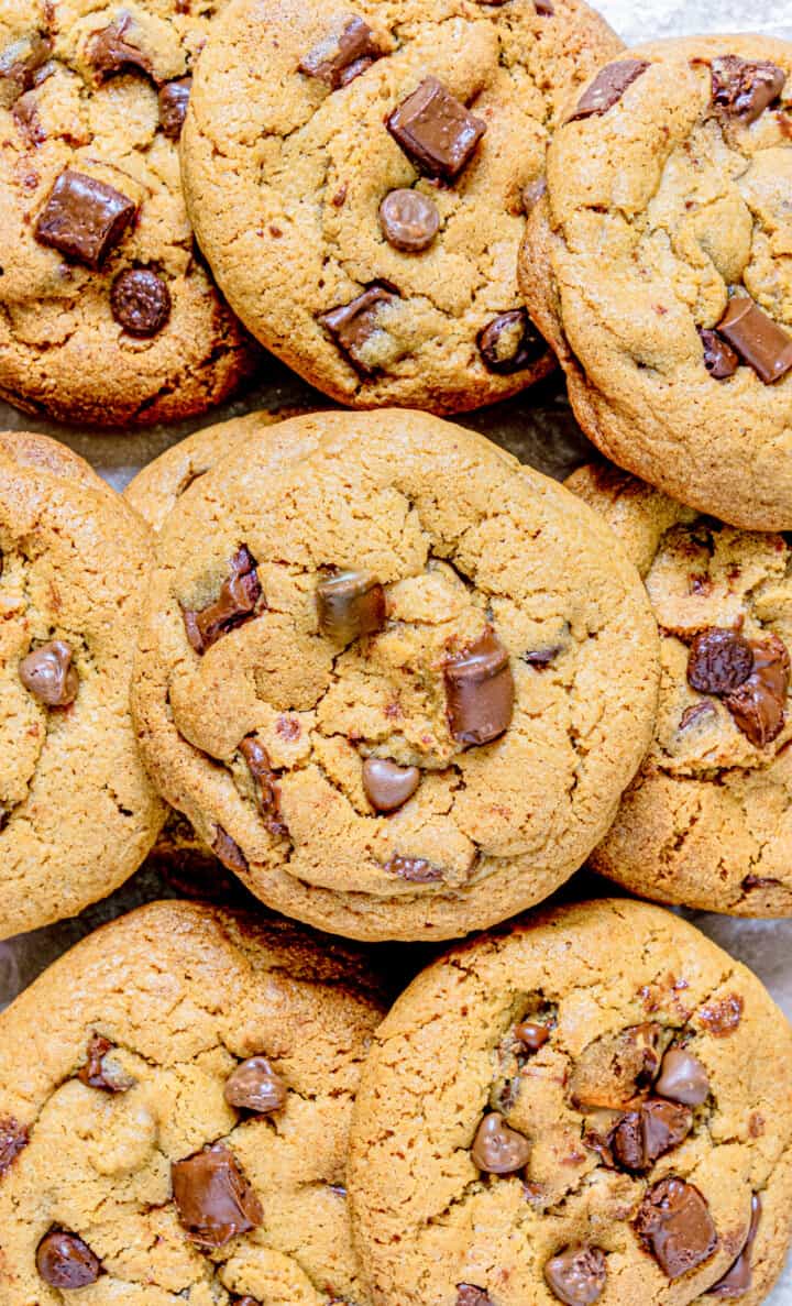close up picture of cookies piled on top of each other.