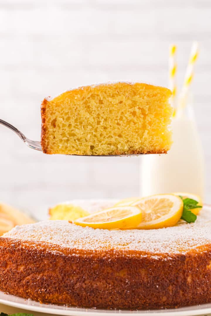 slice of lemon ricotta cake on serving spatula.