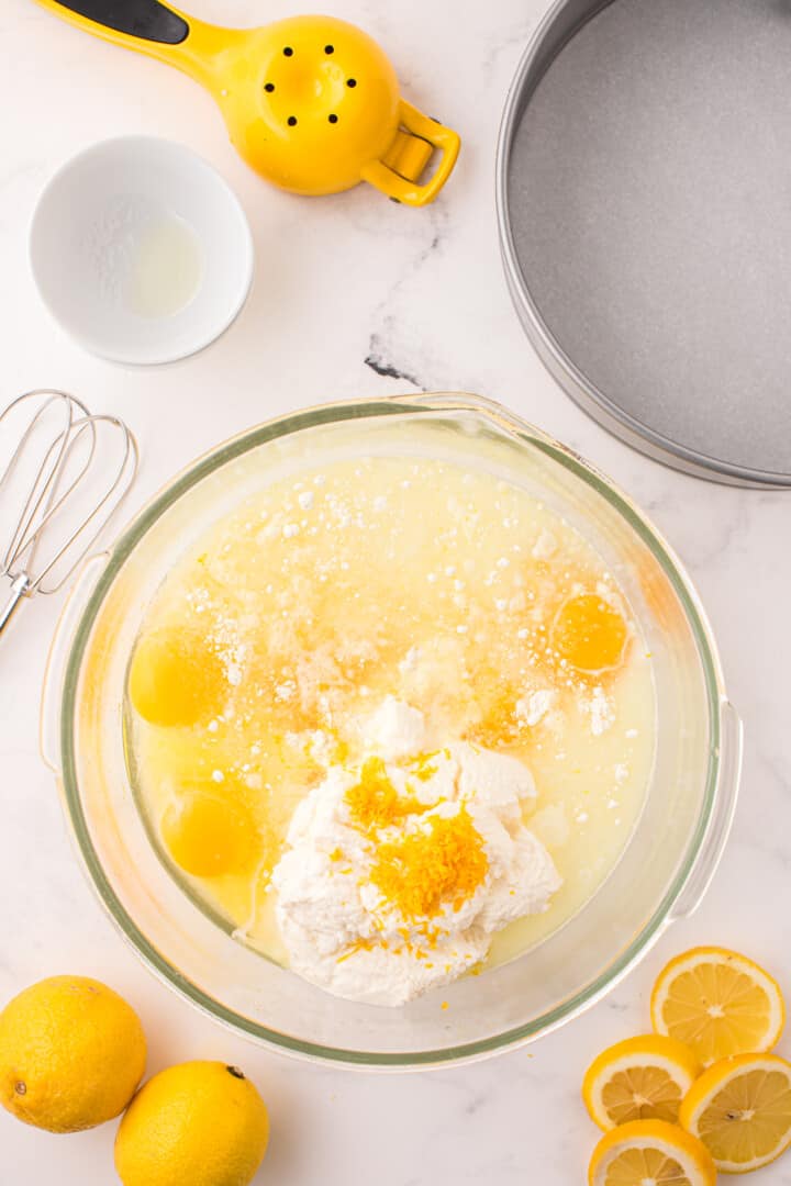 ingredients in glass mixing bowl to make batter.