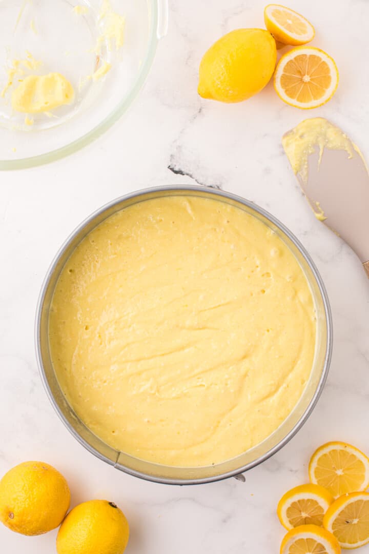 cake batter in metal cake pan.