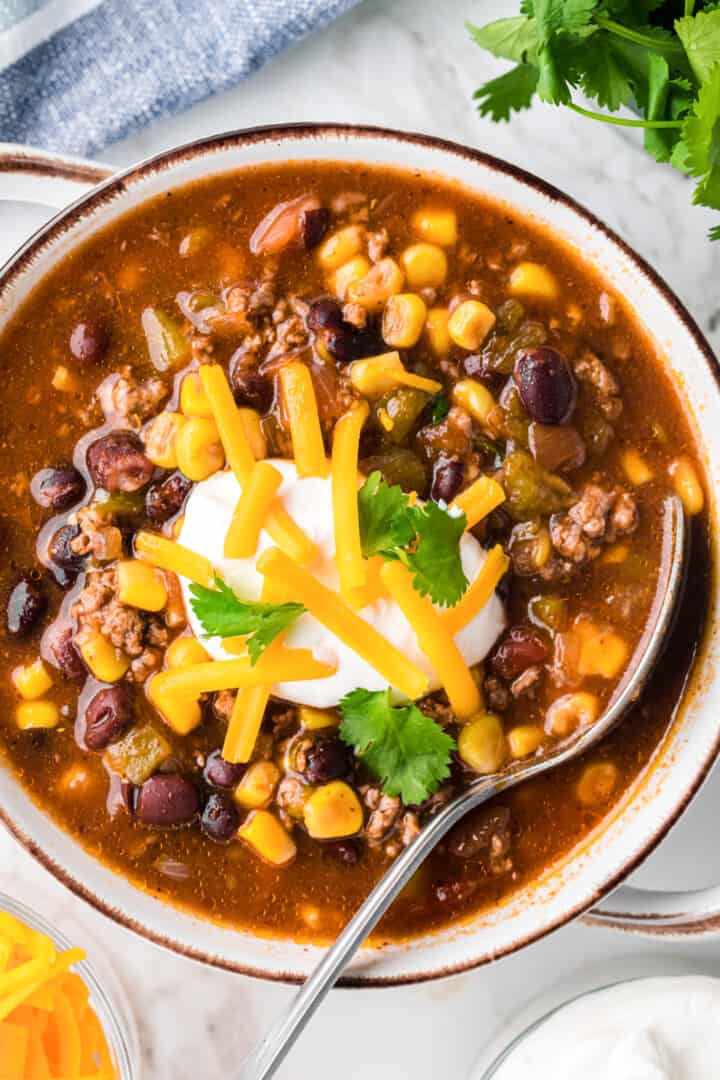 top down view of soup in bowl.