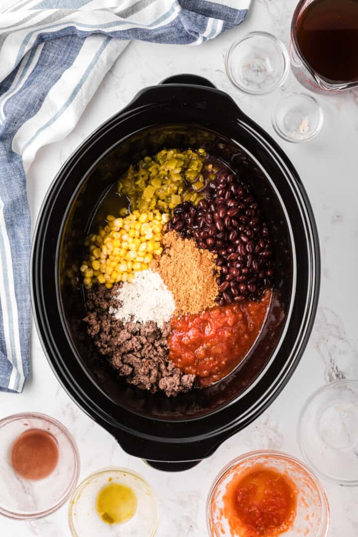 ingredients for the taco soup in the slow cooker.