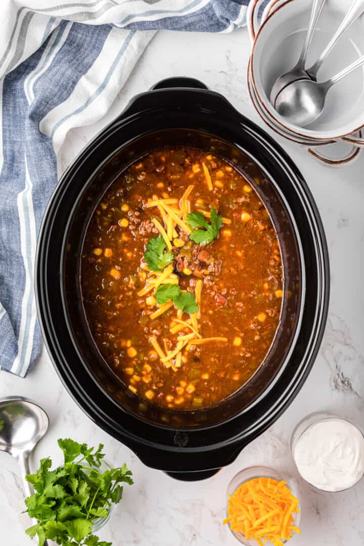 taco soup cooked in the slow cooker.