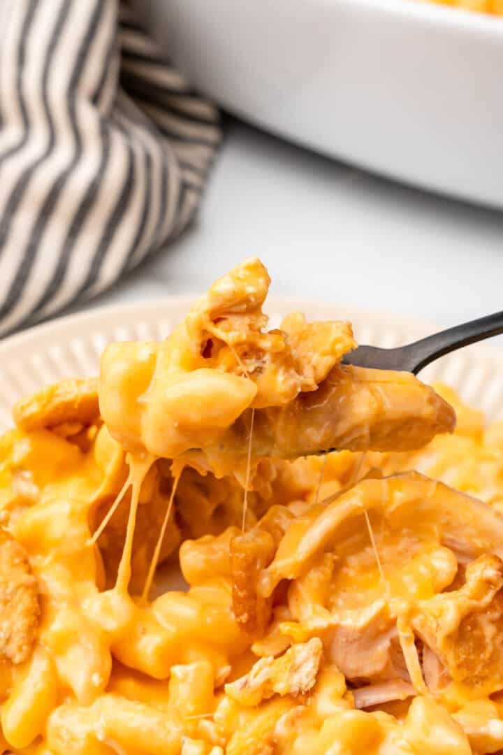 Mac and cheese on a plate with a fork.