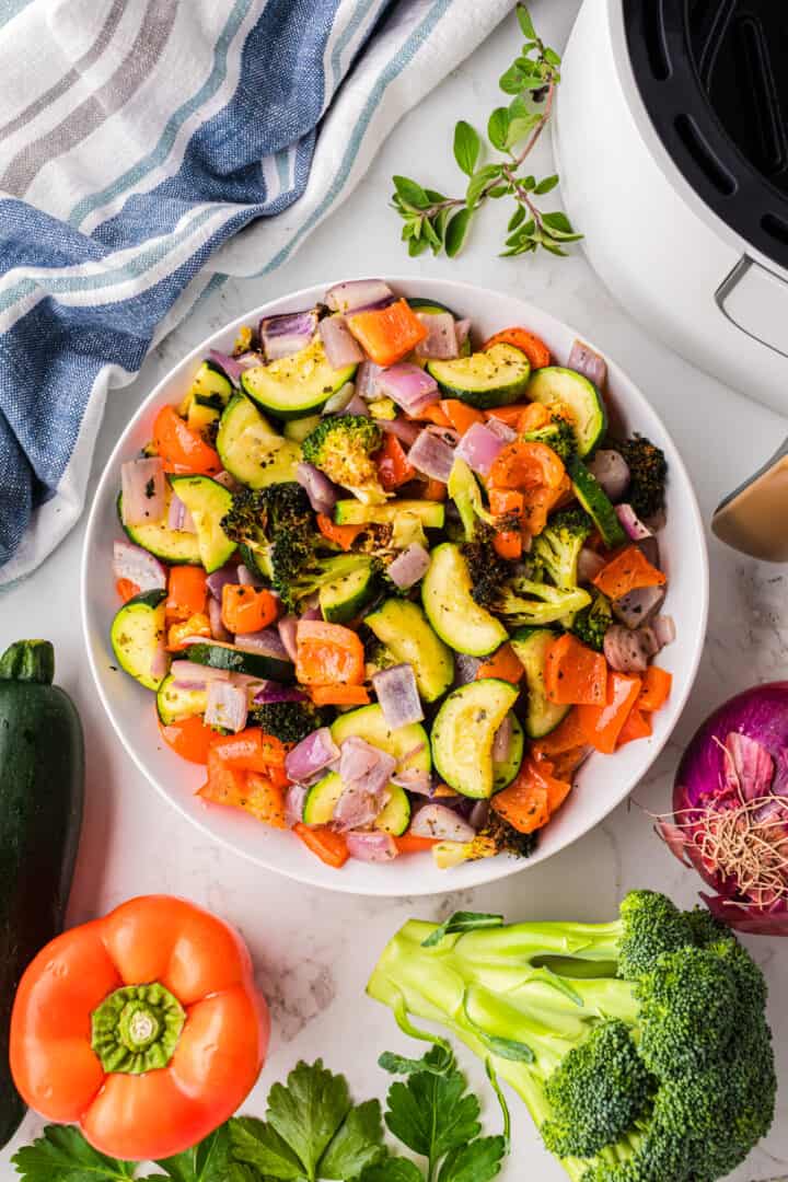 Air Fryer Vegetables in white serving bowl.