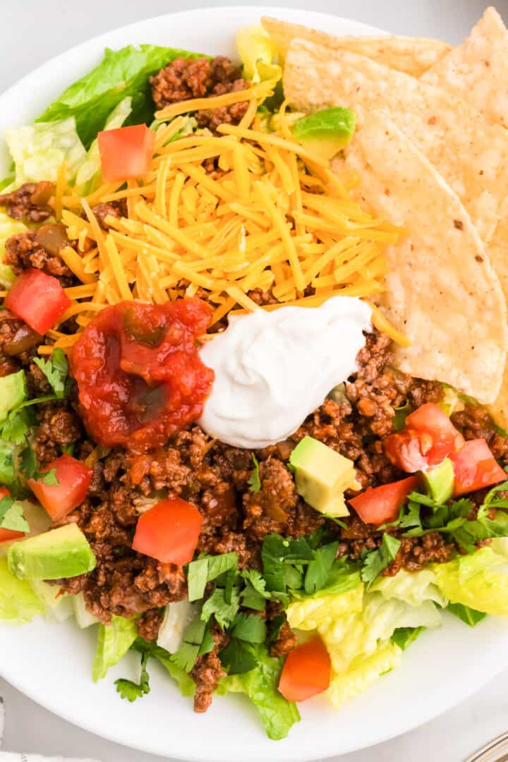 another closeup of the taco salad in white bowl.