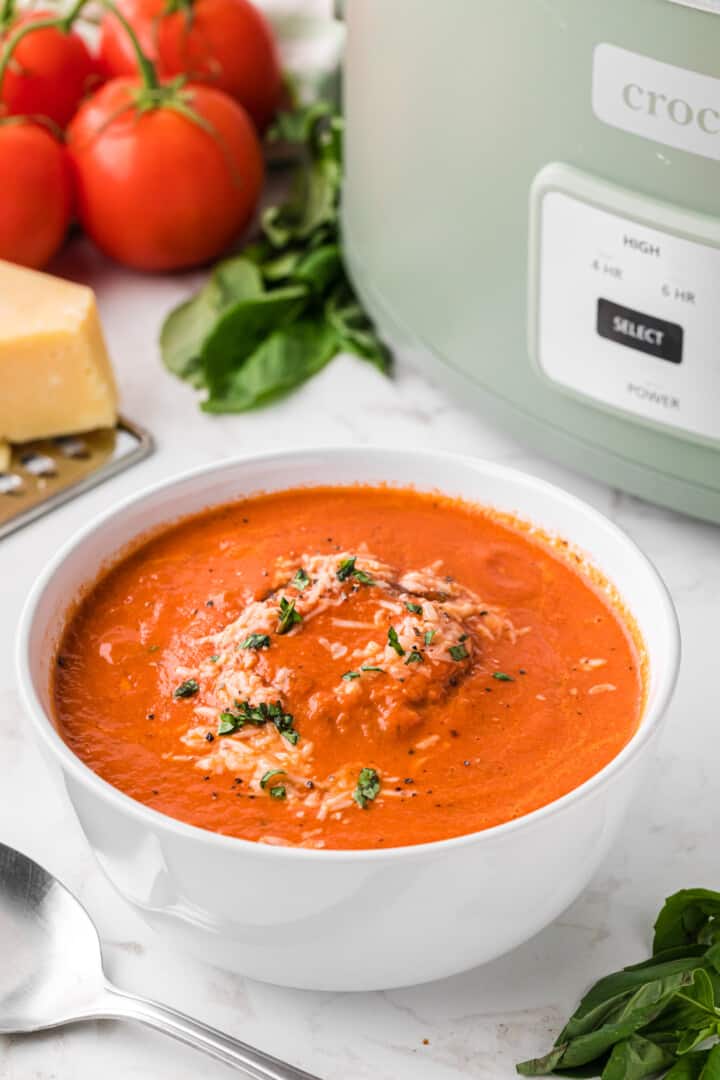 closeup of the tomato soup in a white bowl.