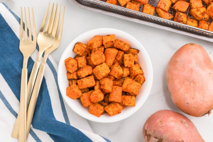 Air Fryer Sweet Potatoes in white bowl.