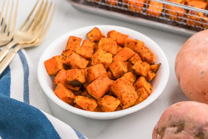 closeup of the air fried sweet potatoes.