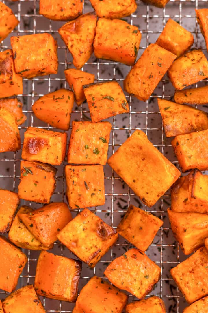 closeup of the air fried sweet potatoes.