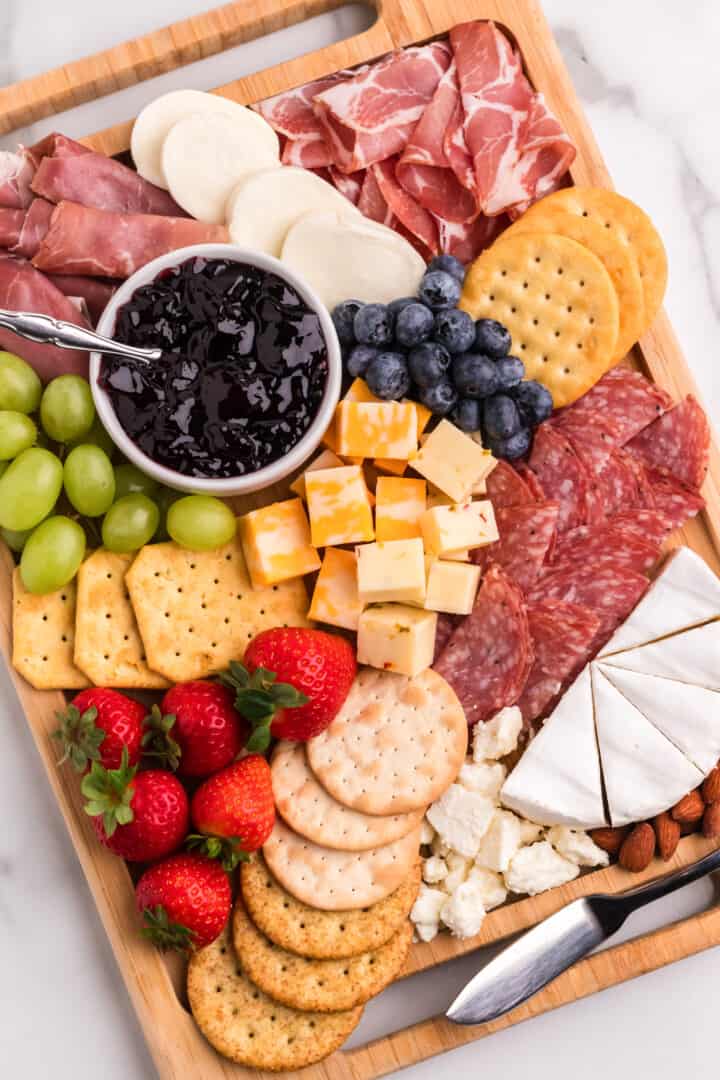 top-down view of the charcuterie board fully built and ready to serve.