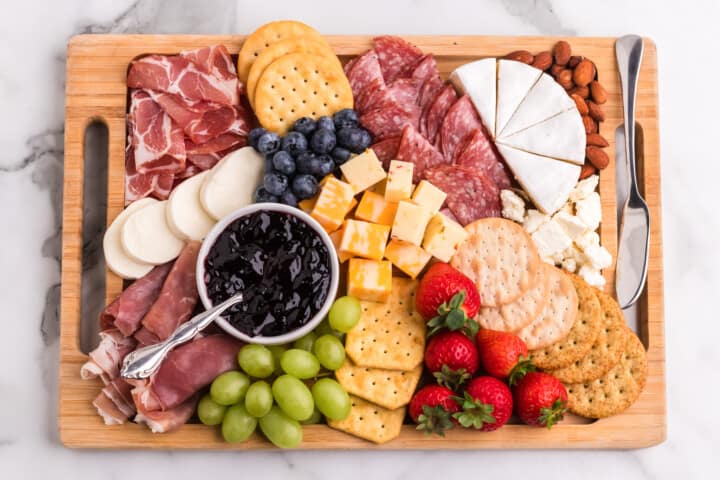 top-down view of the charcuterie board.