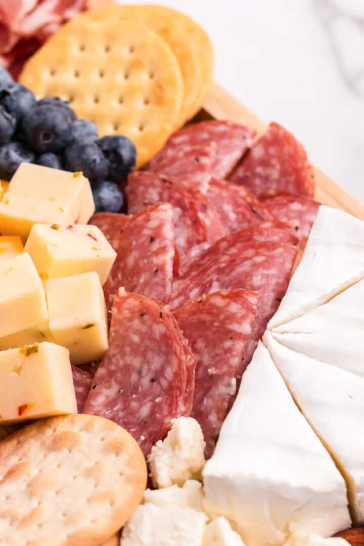 closeup of items on the charcuterie board.