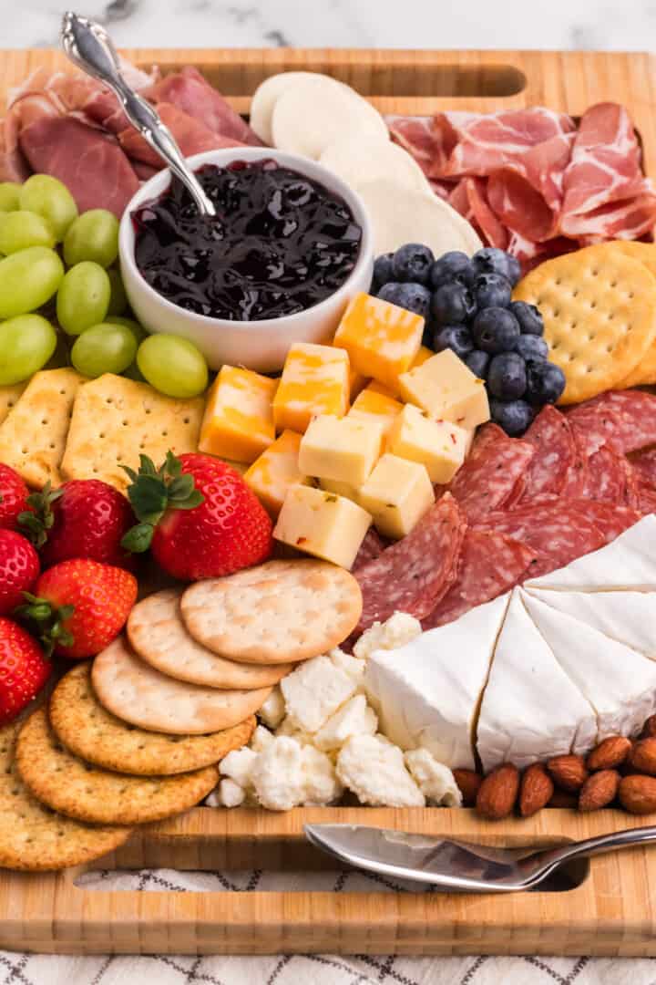 Easy Charcuterie Board on wooden serving tray.