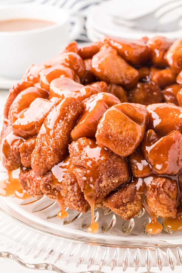 Monkey Bread on glass serving tray.