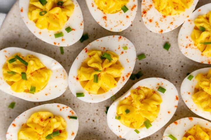 closeup of the deviled eggs on serving tray.