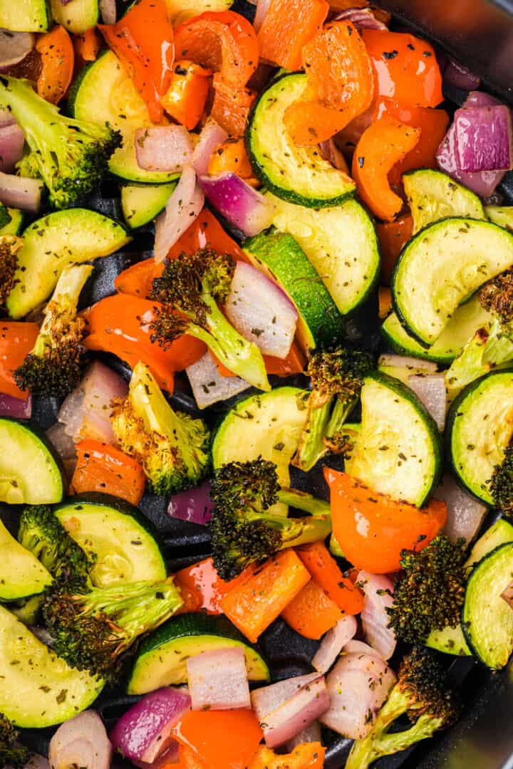 closeup of the air fryer vegetables.