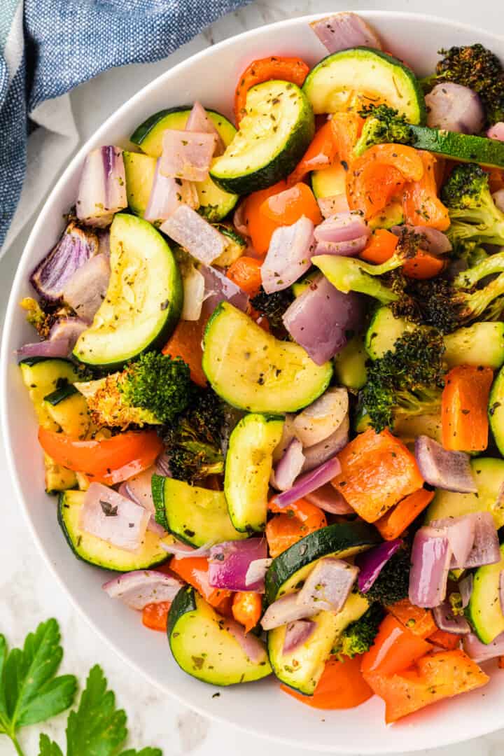 closeup of the air fryer vegetables.