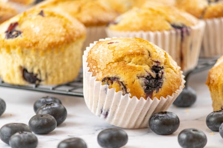 blueberry muffins on cooling rack.