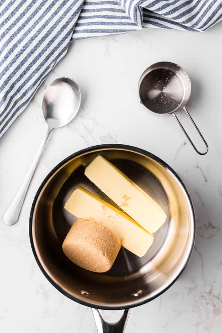 melting butter and brown sugar in a saucepan.