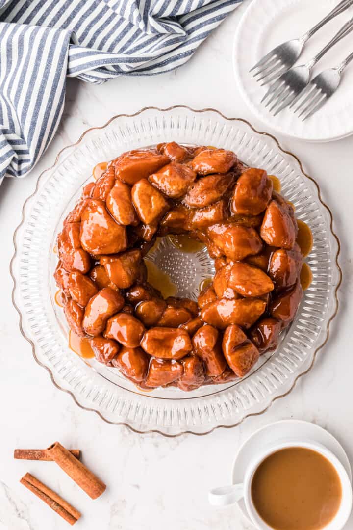 Monkey Bread on glass serving tray.