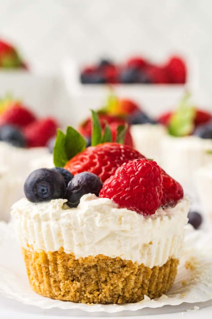 No Bake Mini Cheesecakes topped with fruit.