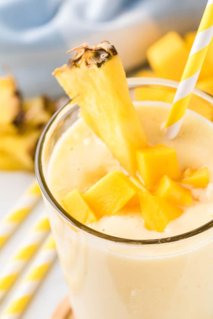 closeup of the Mango Pineapple Smoothie in glass.