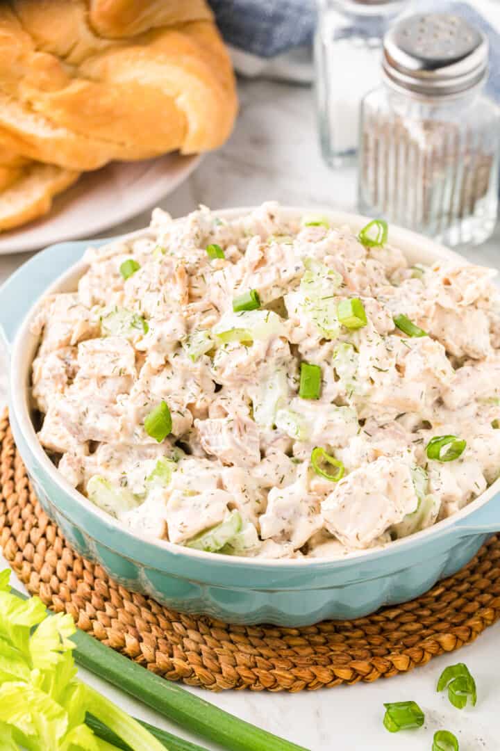 Rotisserie Chicken Salad in blue serving bowl.