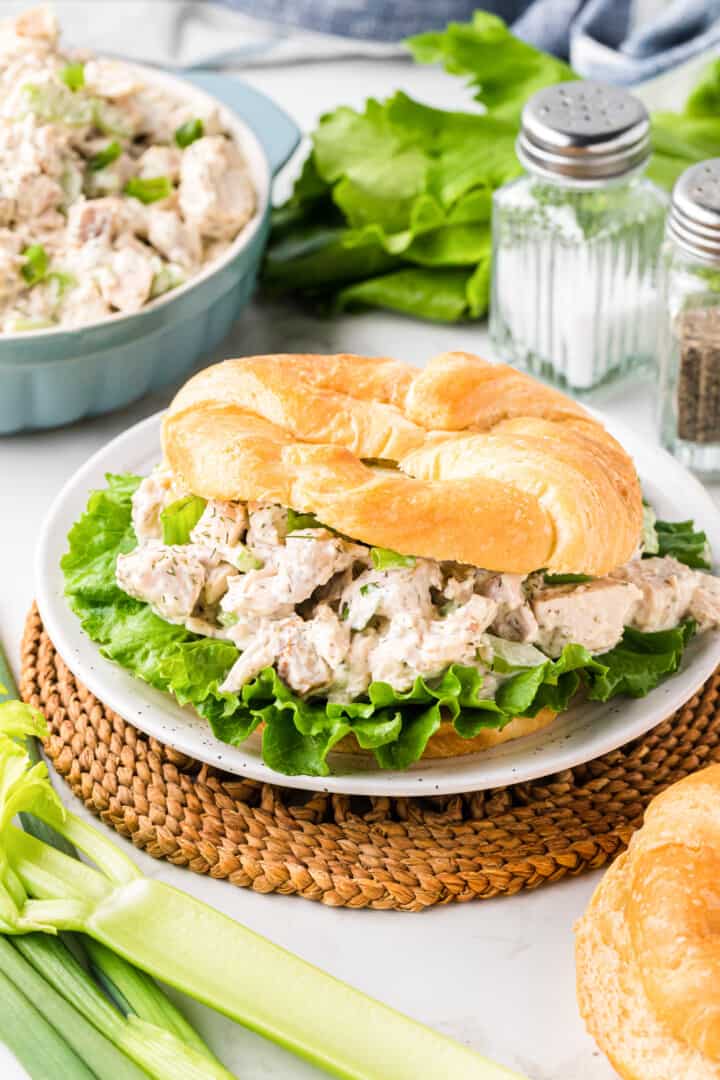 chicken salad sandwich on croissant.