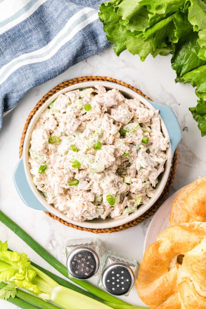 chicken salad in large serving bowl.