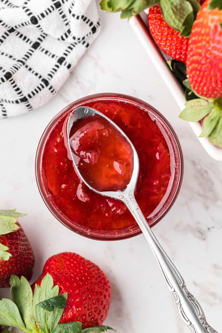 top down view of the strawberry syrup in the glass.