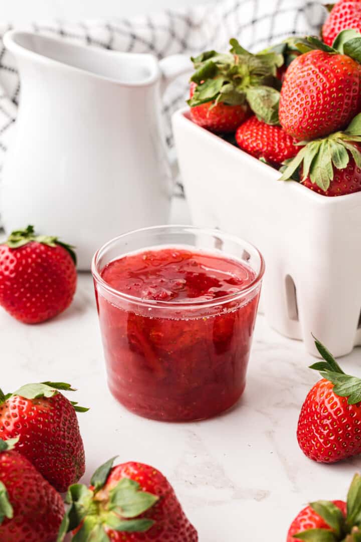 strawberry syrup in a jar for storing.