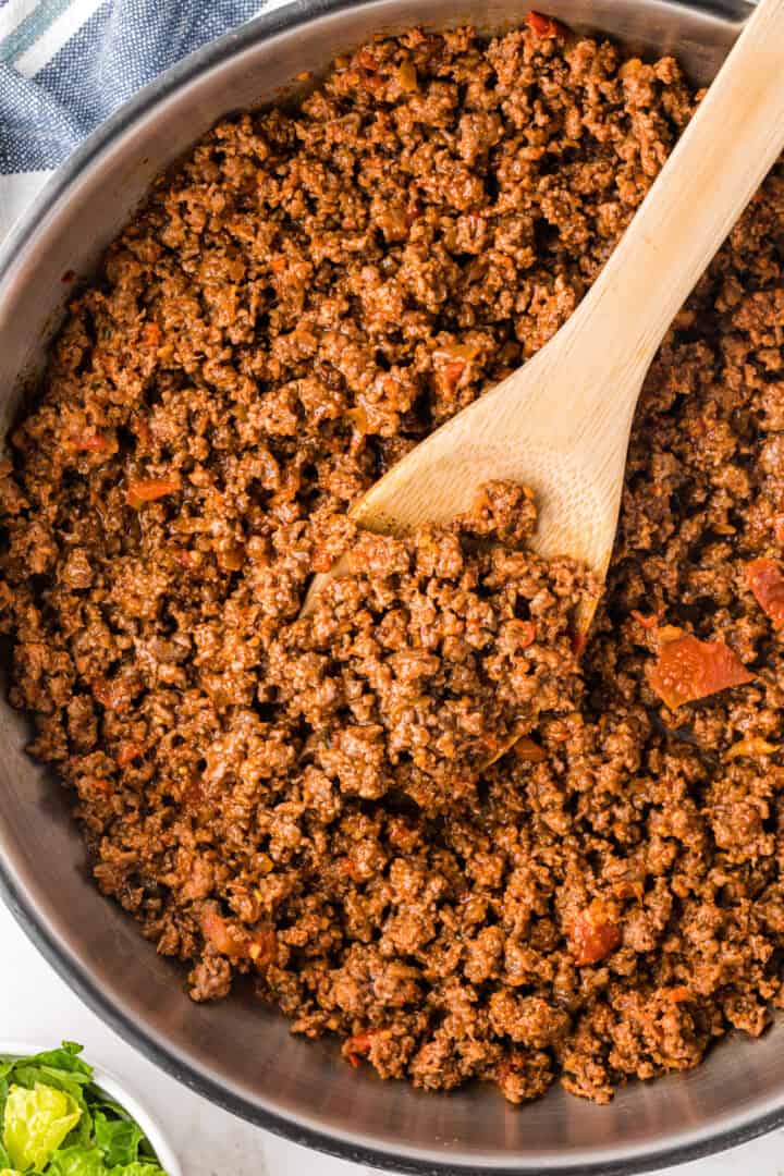 Homemade Taco Meat in large skillet cooked.