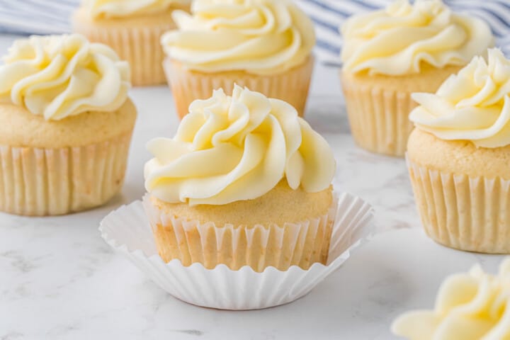 closeup of the vanilla cupcakes on the counter.