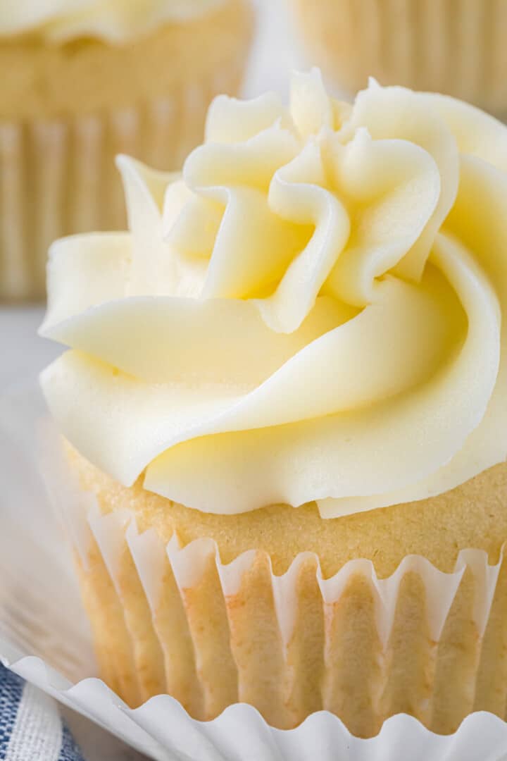 closeup of a vanilla cupcake.