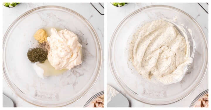 mixing the sauce for the chicken salad.