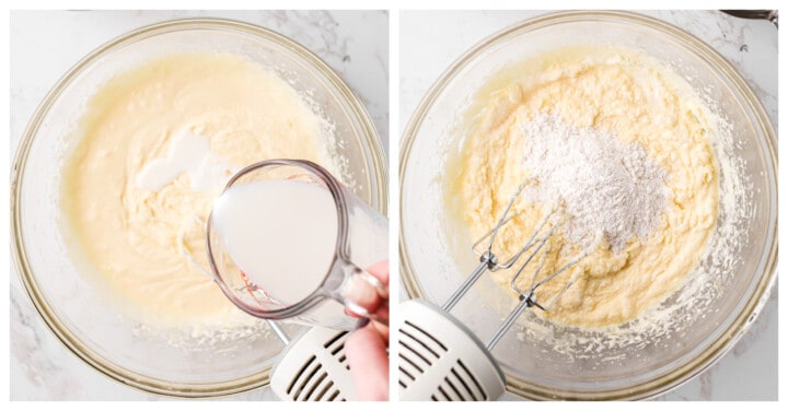 adding the dry ingredients to the cupcake batter.
