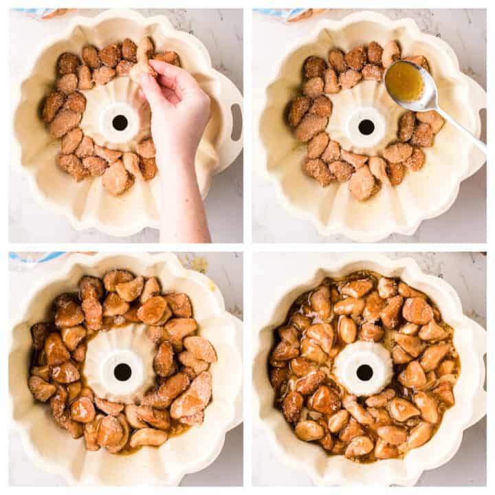 preparing the monkey bread for baking.