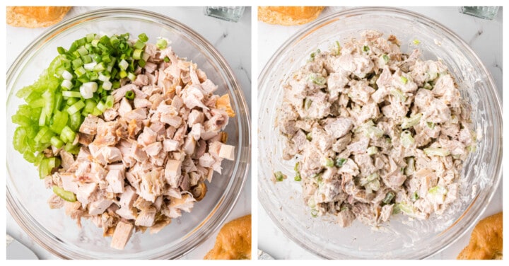 adding the chicken, celery and onions to the sauce.