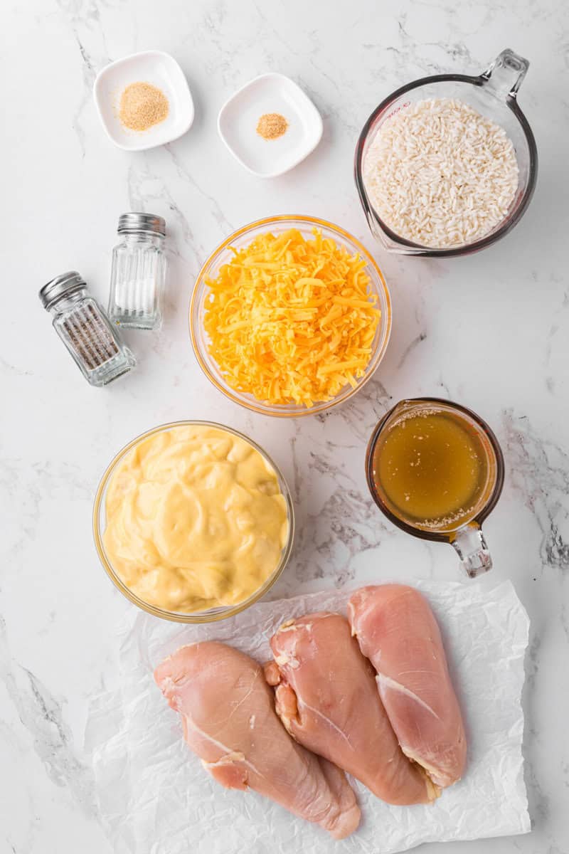 ingredients for the slow cooker chicken and rice casserole.
