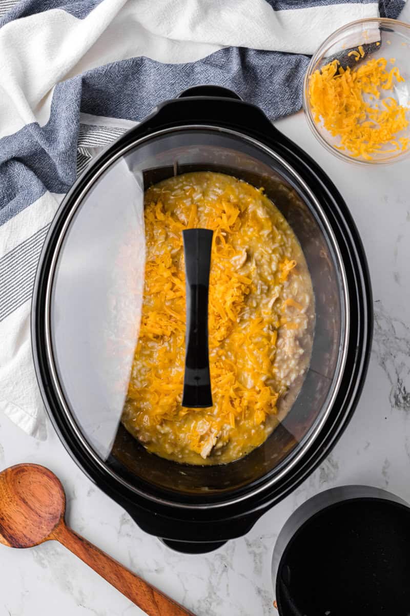 all ingredients cooking in the slow cooker.