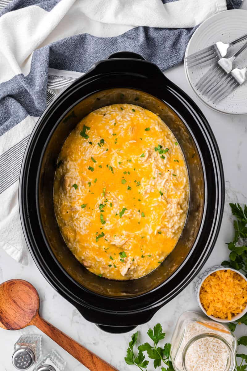 cooked chicken and rice casserole in the slow cooker.