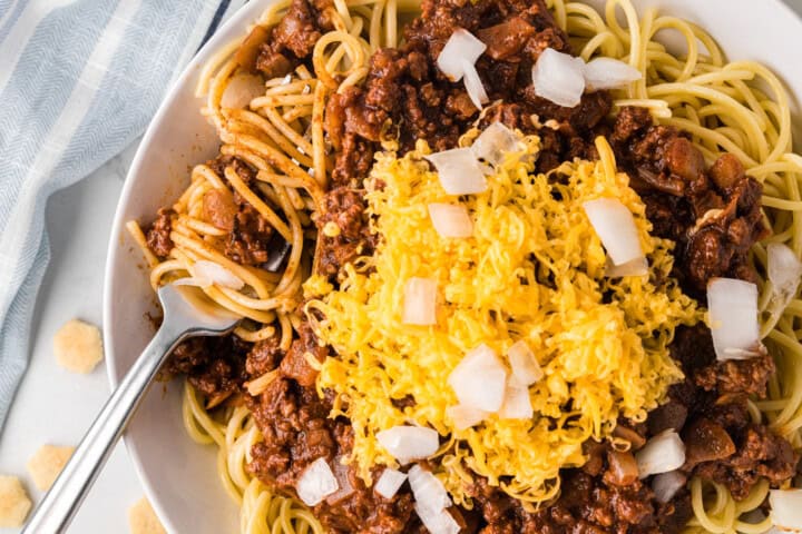 closeup of the Cincinnati Chili in white bowl.