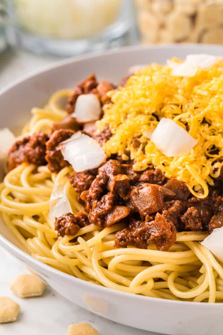 closeup of the Cincinatti Chili on top of spaghetti.