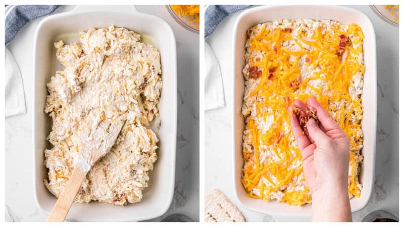 Spreading crack potato hashbrown mixture evenly into a 9x13 baking dish