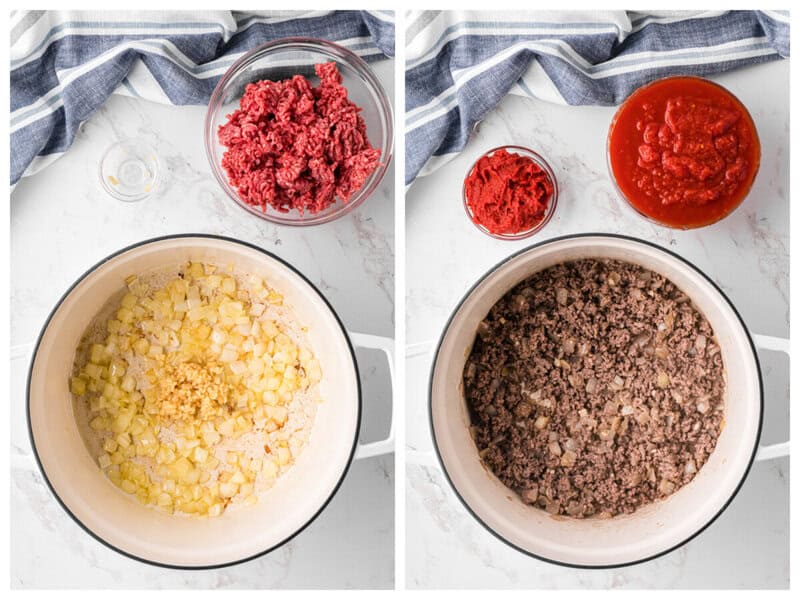 cooking the onions and garlic then ground beef in the pot.