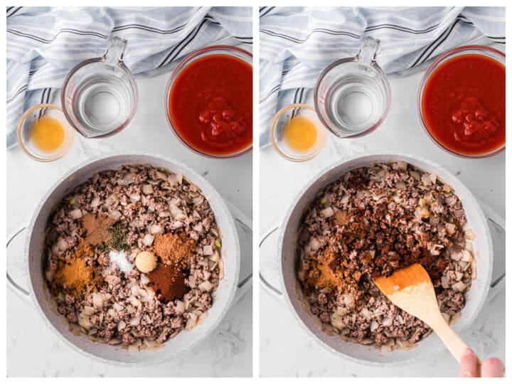 mixing in the seasoning to the chili beef.
