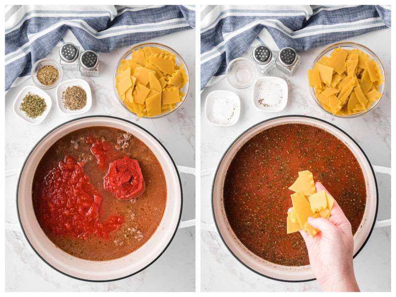 adding in the remaining ingredients and lasagna noodles.