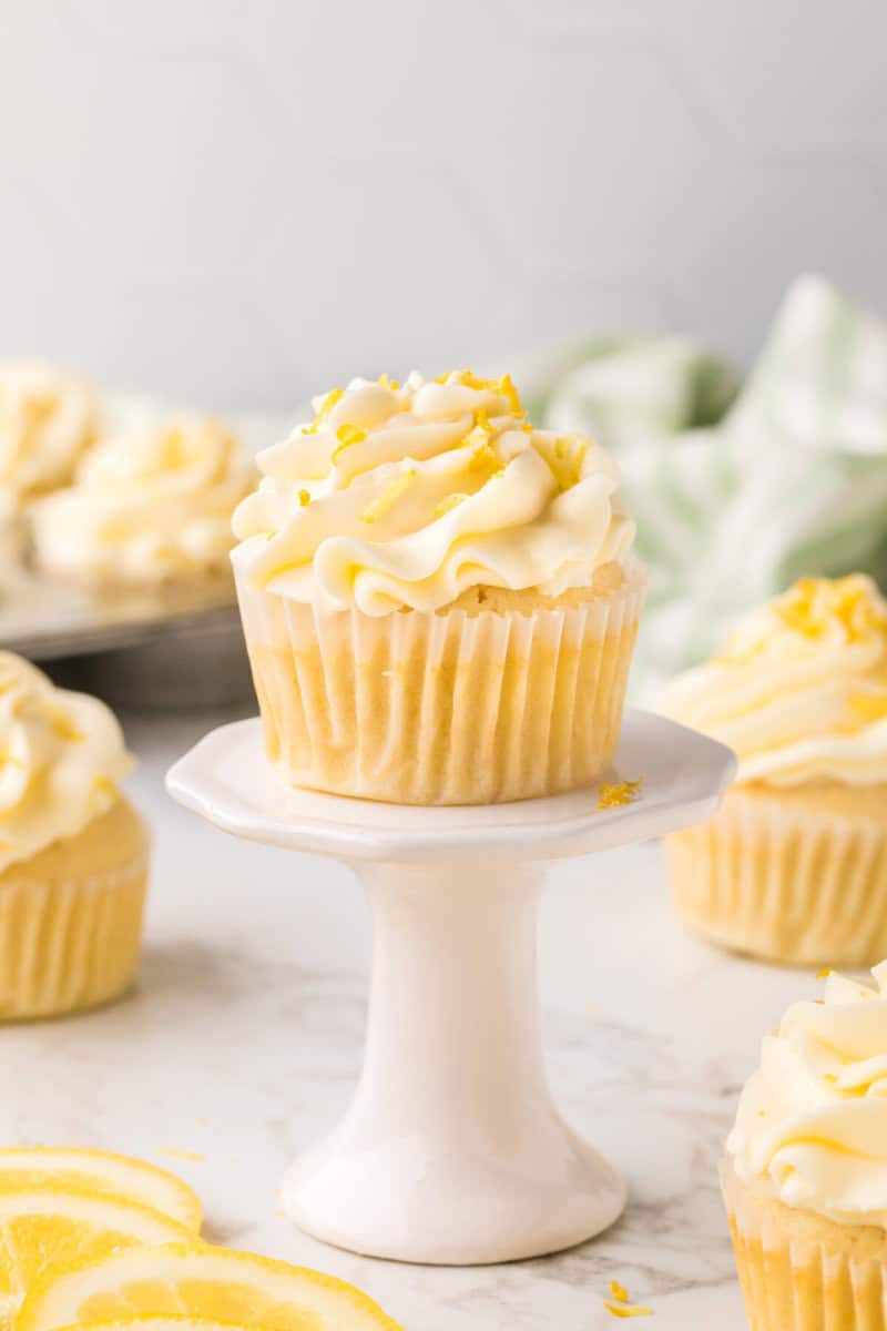 Lemon Cupcakes on a single white stand.