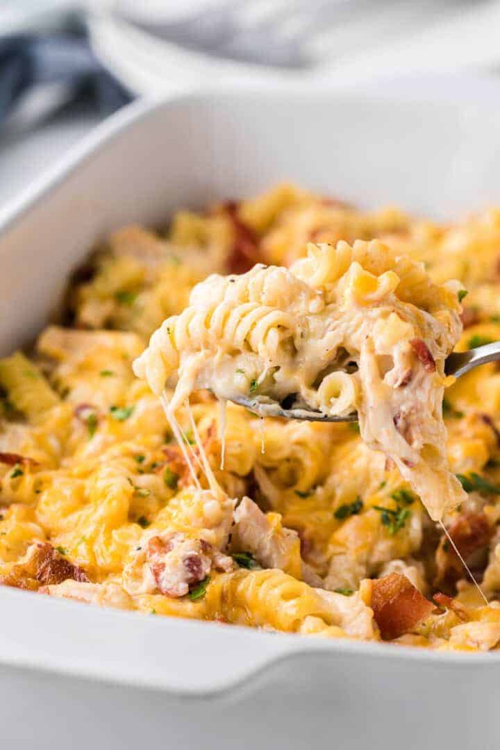 closeup of the Chicken Bacon Ranch Casserole in white baking dish.